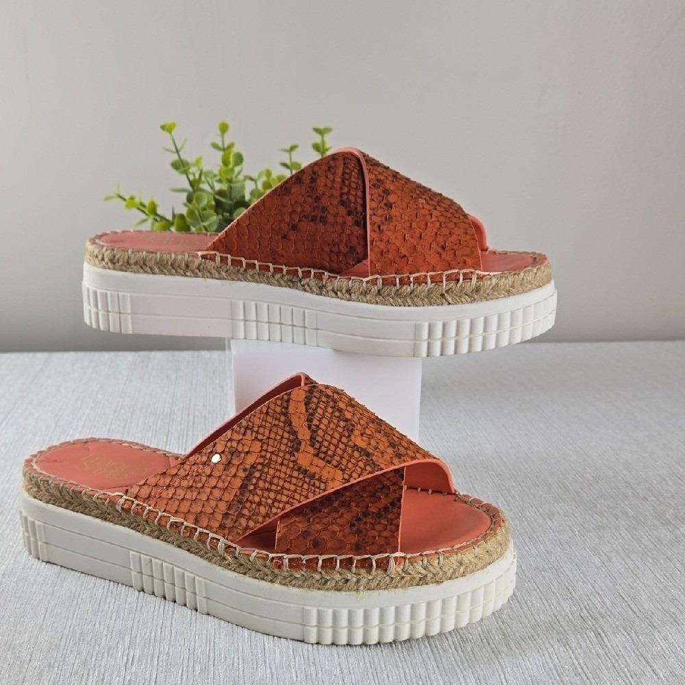 Franco Sarto Birch Orange Snakeskin Embossed Leather Platform Espadrille Sandals